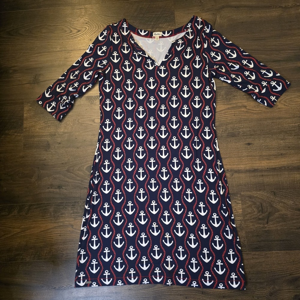 Hatley Nautical Anchor Sheath Dress‎ M Knee Length Sleeve Stretch Preppy